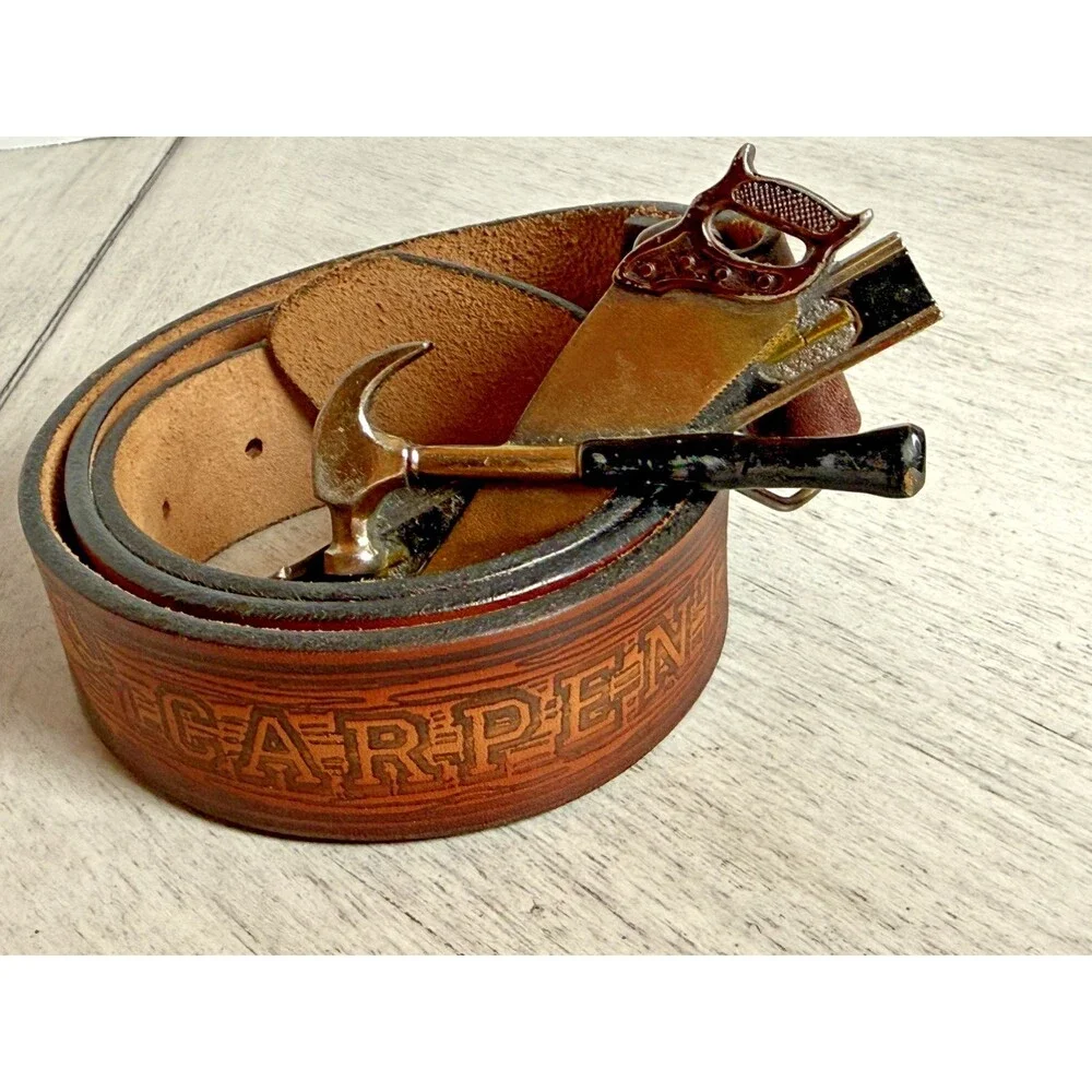 1981 Great American Buckle Co Carpenter Hammer Saw Level Belt Buckle 41” VTG